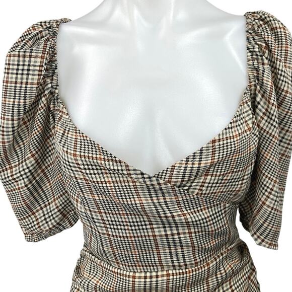 NEW Missguided Brown Checkered Plaid Puff Sleeve Ruched Mini Bodycon Dress Sz 4 - Picture 3 of 5